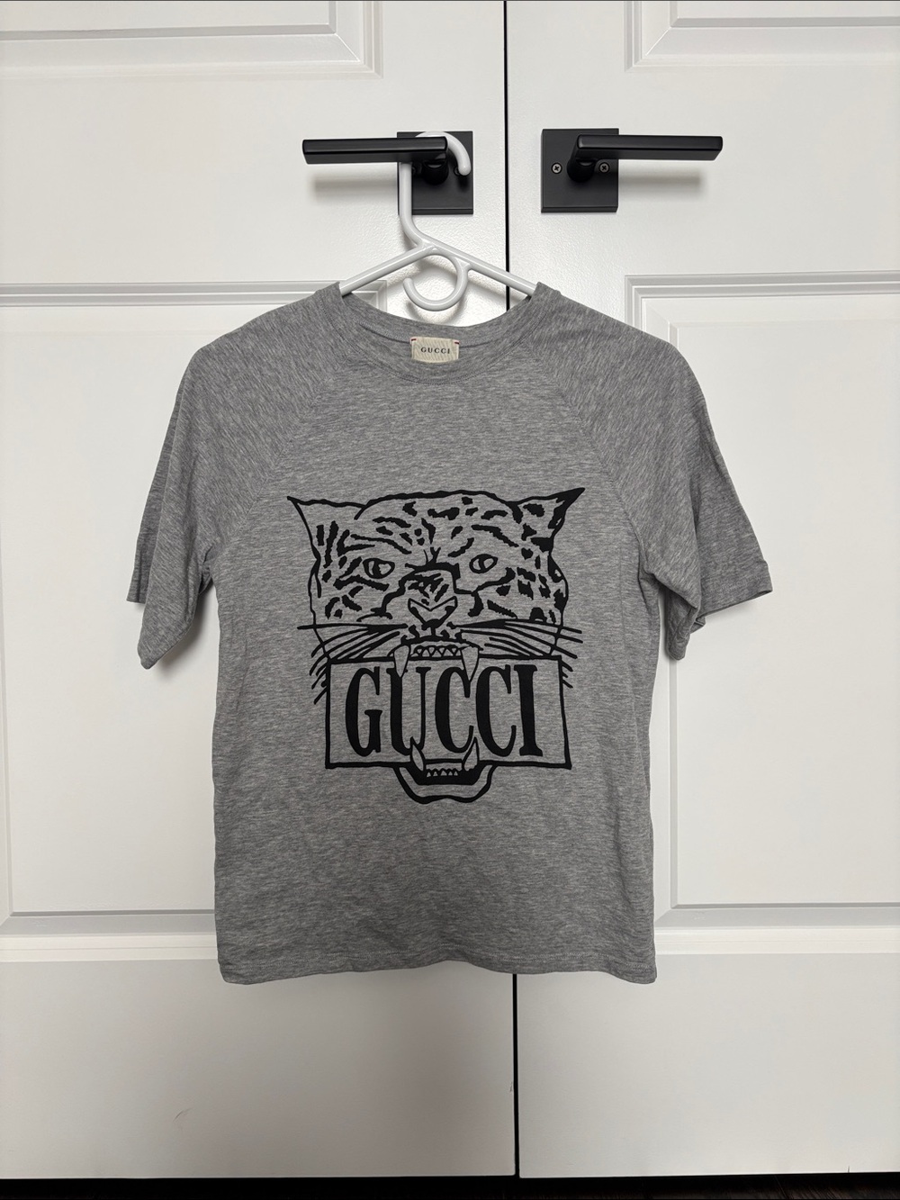 Gucci Gray Kids Tee with Black Leopard Logo